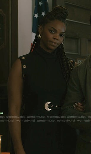 Julia’s black grommet belted dress on Elsbeth