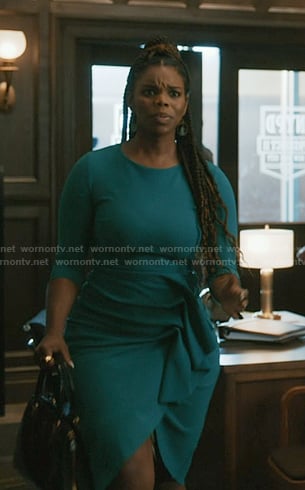 Julia’s green ruffle pencil dress on Elsbeth