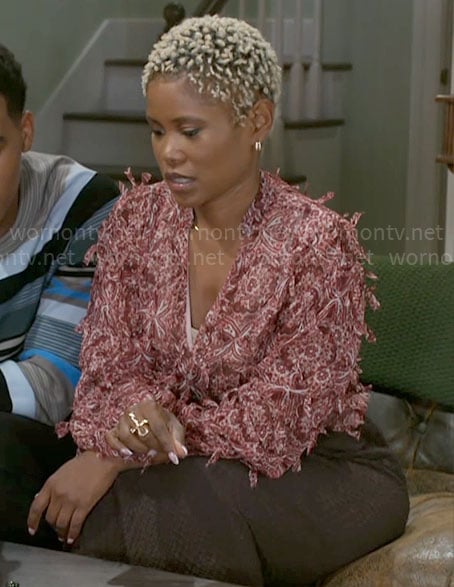 June’s red printed blouse on Beyond the Gates