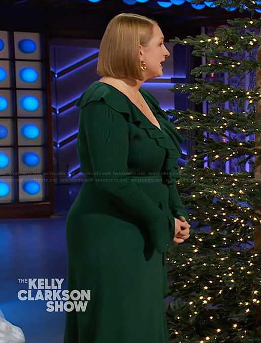 Kait Taylor’s green ruffle front dress on The Kelly Clarkson Show
