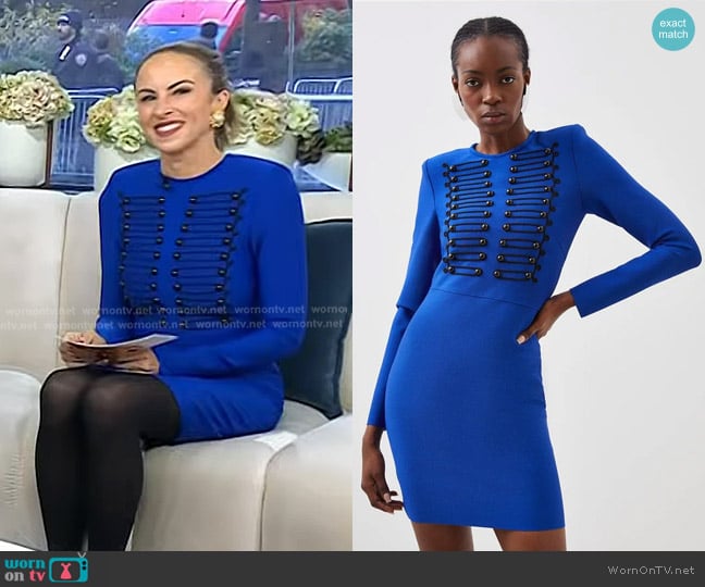 Karen Millen Bandage Figure Form Military Detail Knit Mini Dress worn by Myka Meier on Today
