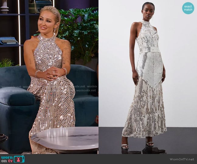 Karen Millen Pearl Embellished Open Back Maxi Dress worn by Mary Fitzgerald on Selling Sunset