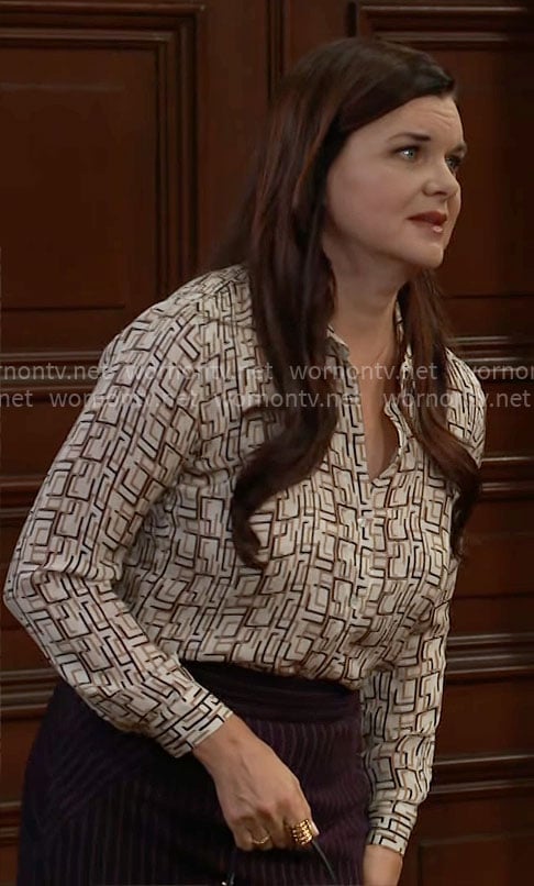 Katie’s geometric print blouse and pinstripe skirt on The Bold and the Beautiful