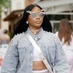 Keiarna’s denim embellished jacket and shorts on The Real Housewives of Potomac