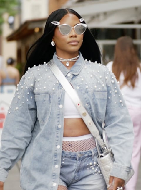 Keiarna's denim embellished jacket and shorts on The Real Housewives of Potomac