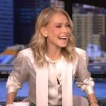 Kelly’s white tie neck silk blouse on Live with Kelly and Mark