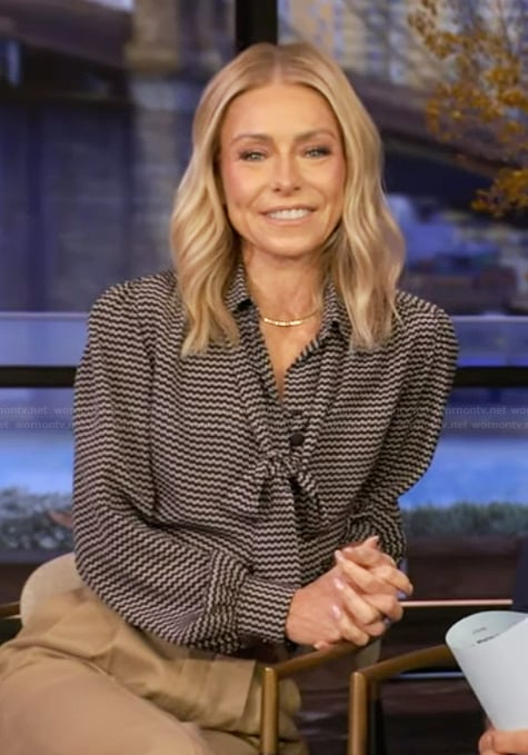 Kelly's black printed tie neck blouse on Live with Kelly and Mark