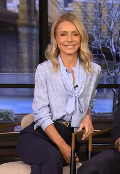 Kelly's blue tie neck blouse on Live with Kelly and Mark