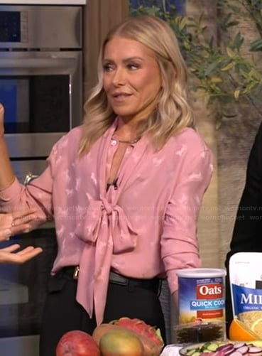 Kelly's pink tie neck blouse on Live with Kelly and Mark