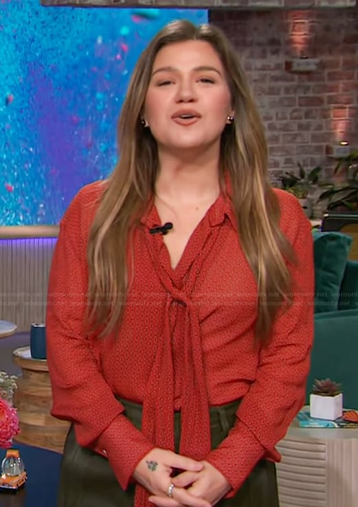 Kelly's red printed tie neck blouse on The Kelly Clarkson Show