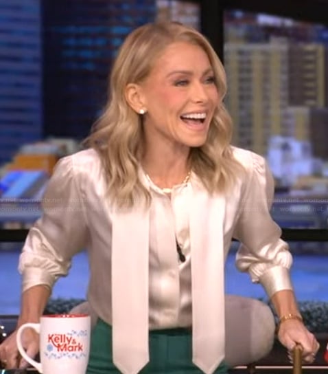 Kelly's white tie neck silk blouse on Live with Kelly and Mark