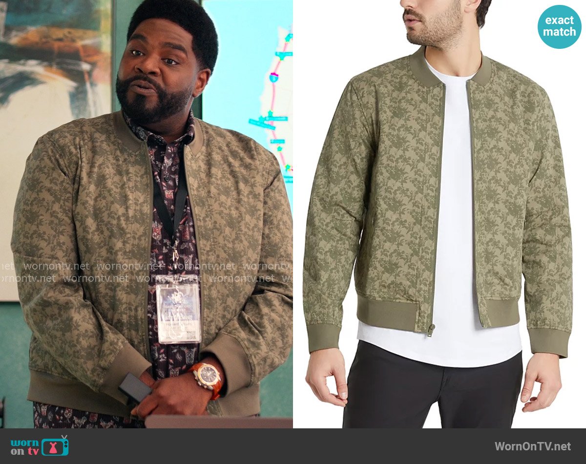 Kenneth Cole Lightweight Engineered Bomber Jacket in Green Floral worn by Howard (Ron Funches) on Loot