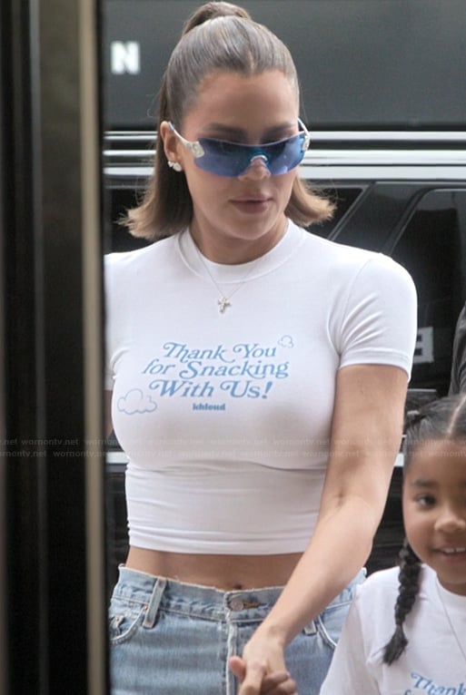 Khloe’s white cropped tee and sunglasses on The Kardashians