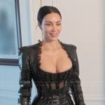 Kim’s black leather lace-up outfit on The Kardashians