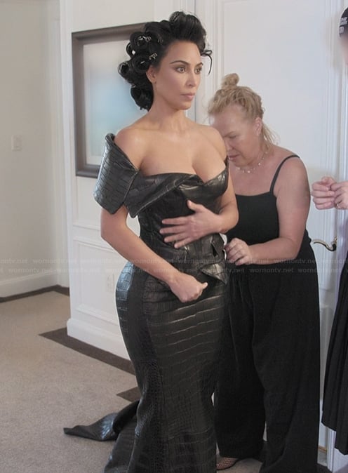 Kim’s black leather dress on The Kardashians