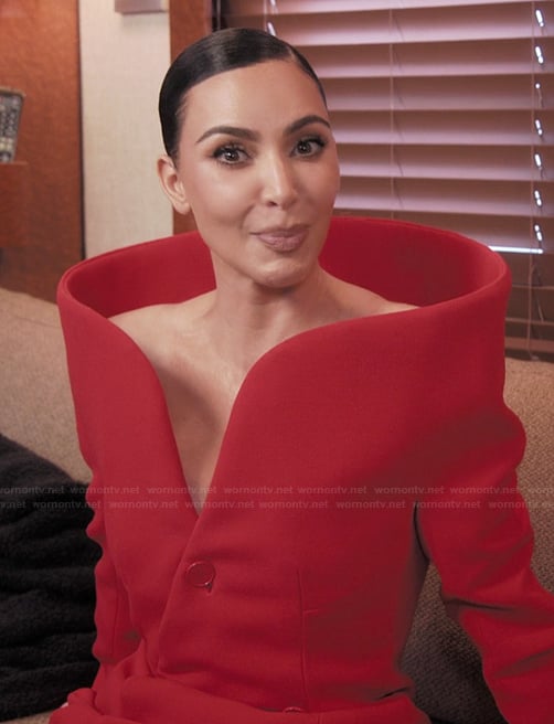 Kim’s red double breasted coat on The Kardashians