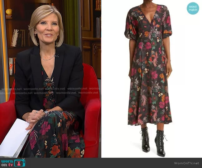 La Ligne Floral Plunge Neck Button Front Silk Dress worn by Kate Snow on NBC News Daily