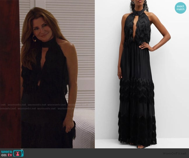 Lace the Label Cutout Fringe Halter Gown worn by Cindy Angelcyk Cullers on The Golden Bachelor