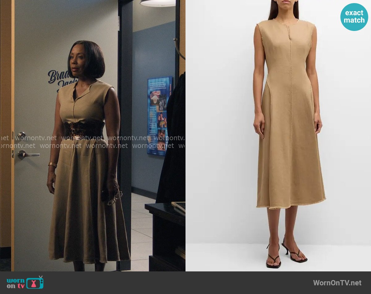 Lafayette 148 New York Sleeveless Fringe-Trim Linen Midi Dress worn by Mia Jordan (Karen Pittman) on The Morning Show
