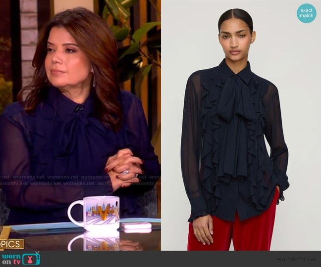 Lafayette 148 Silk Georgette Ruffle Bow Blouse worn by Ana Navarro on The View