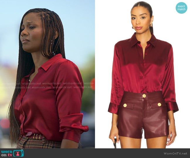 L'Agence Dani 3/4 Sleeve Blouse in Black Cherry worn by Jax Stewart (Emayatzy Corinealdi) on Reasonable Doubt