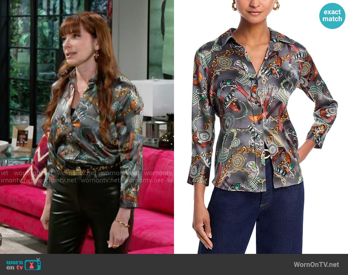 L'Agence Dani Blouse in Multi Western Belt Print worn by Pamela Curtis (Cady McClain) on Beyond the Gates