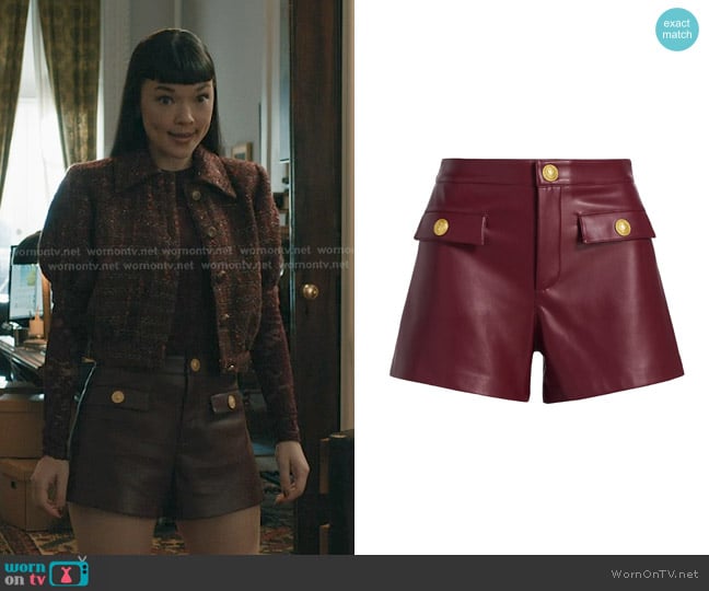 L'Agence Dionne Faux Leather Shorts worn by Hannah Lee (Megan Haley) on Elsbeth