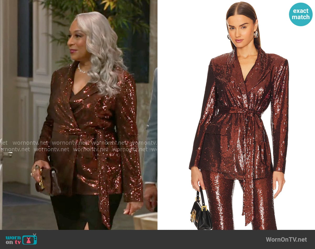 L'Agence Jordana Wrap Belted Blazer worn by Anita Dupree (Tamara Tunie) on Beyond the Gates