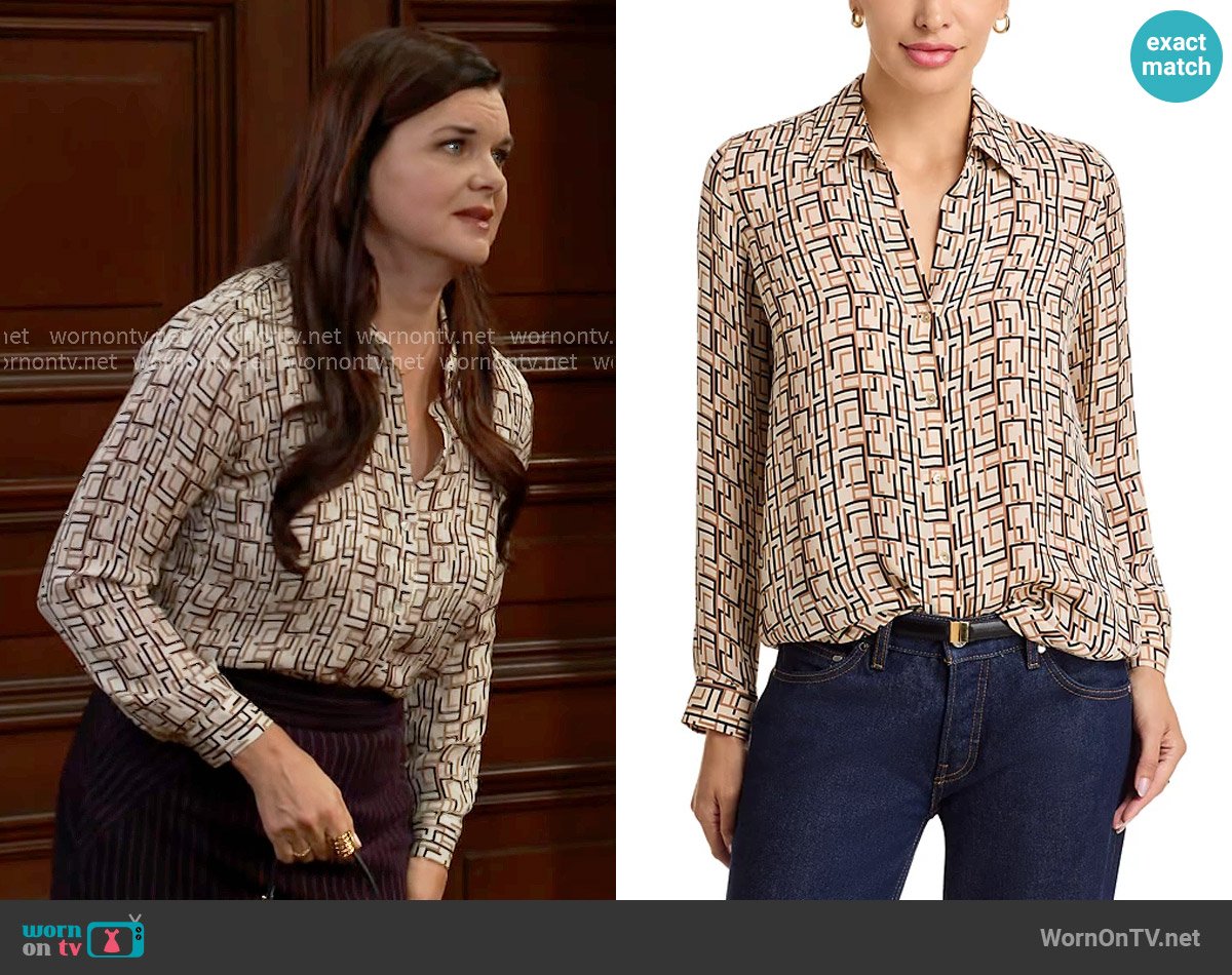 L'Agence Nina Shirt in Ecru Multi Geo Print worn by Katie Logan (Heather Tom) on The Bold and the Beautiful