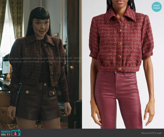 L'Agence Tweed Check Puff Sleeve Jacket worn by Hannah Lee (Megan Haley) on Elsbeth