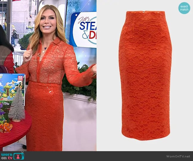 LaQuan Smith Lace Overlay Sequin Midi Skirt worn by Jill Martin on Today