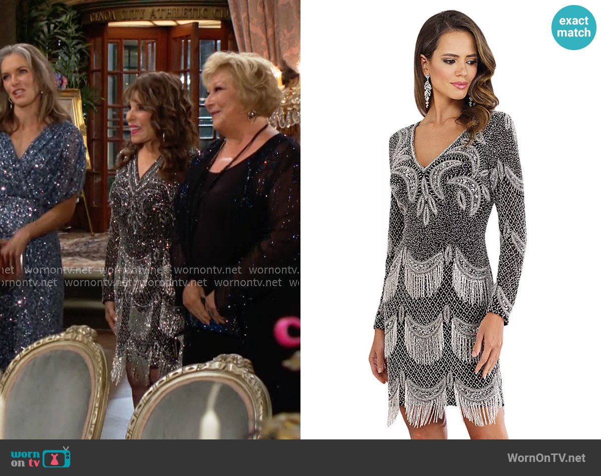 Lara Long Sleeve Beaded V-Neck Fringe Cocktail Dress worn by Esther Valentine (Kate Linder) on The Young and the Restless