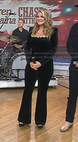 Lauren Alaina’s black embellished rhinestone neckline jumpsuit on Today