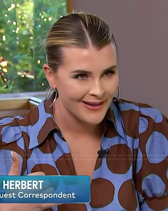 Lauren Herbert's blue polka dot print dress on Access Hollywood