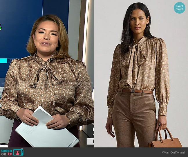 Lauren Ralph Lauren Geo-Print Twill Tie-Neck Blouse in Taupe worn by Gilma Avalos on NBC News Daily