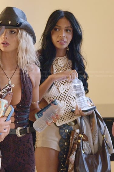 Layla's white crochet knit top on The Secret Lives of Mormon Wives