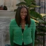 Laura’s green cardigan on Beyond the Gates