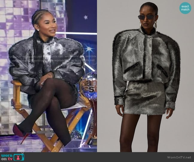 Jordan Chiles’s grey fur mini skirt on GMA