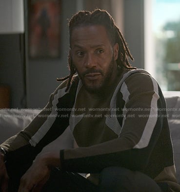 Lewi’s khaki colorblock sweater on Reasonable Doubt