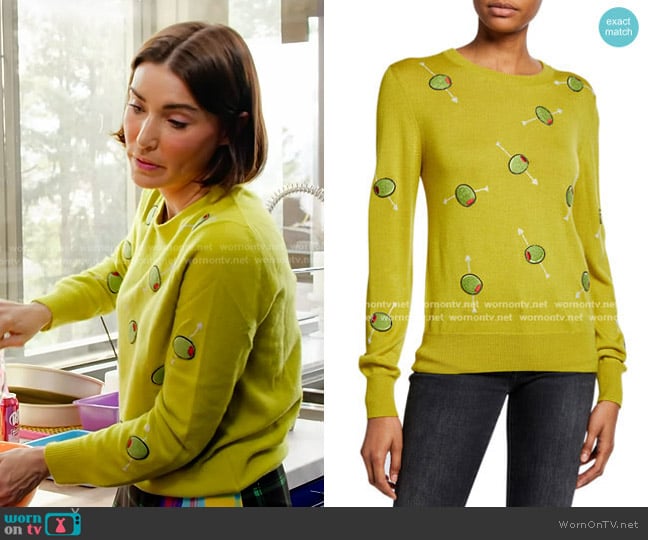 Libertine Cocktail Olives Crewneck Cashmere Sweater worn by Bronwyn Newport on The Real Housewives of Salt Lake City