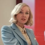 Liberty’s beige silk button down blouse on Alls Fair