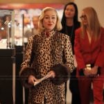 Liberty’s leopard print shearling cuff jacket and skirt on Alls Fair