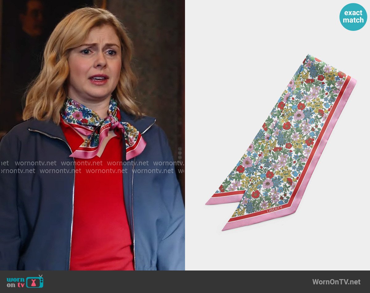 Liberty Lush blooms tie-up silk scarf worn by Sam (Rose McIver) on Ghosts