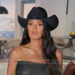 Lisa’s black strapless confessional leather dress on The Real Housewives of Salt Lake City