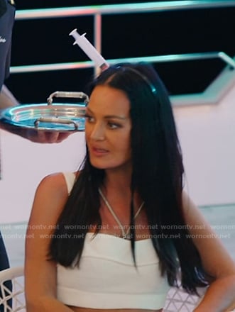 Lisa's white cropped top and midi skirt on The Real Housewives of Salt Lake City