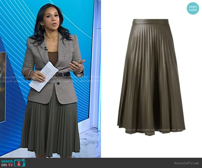 LK Bennett Laurie Pleated Faux Leather Midi Skirt in Olive Green worn by Laura Jarrett on Today