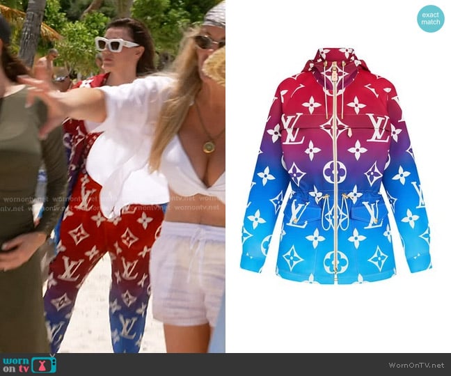 Louis Vuitton Sunset Monogram Lightweight Hooded Parka in Bleu Dur worn by Bronwyn Newport on The Real Housewives of Salt Lake City