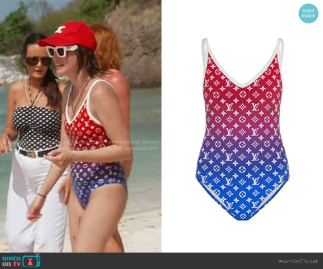 Louis Vuitton Sunset Monogram Swimsuit in Bleu Dur worn by Bronwyn Newport on The Real Housewives of Salt Lake City