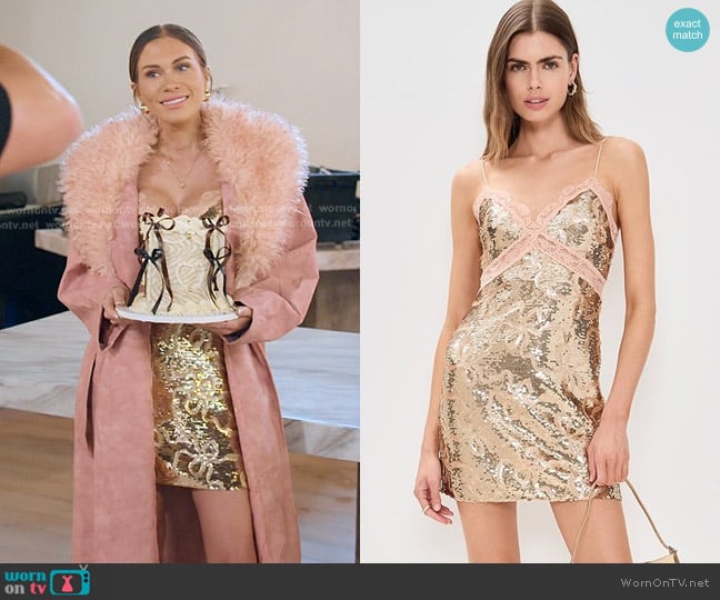 LoveShackFancy Finta Dress in Golden Honey worn by Jessi Ngatikaura on The Secret Lives of Mormon Wives