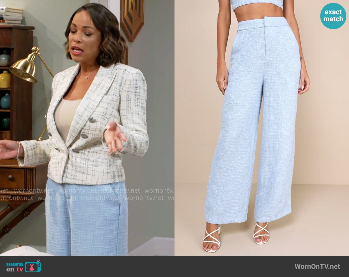 Lulus Chic and Sophisticated Light Blue Tweed Wide-Leg Pants worn by Nicole Dupree Richardson (Daphnee Duplaix) on Beyond the Gates